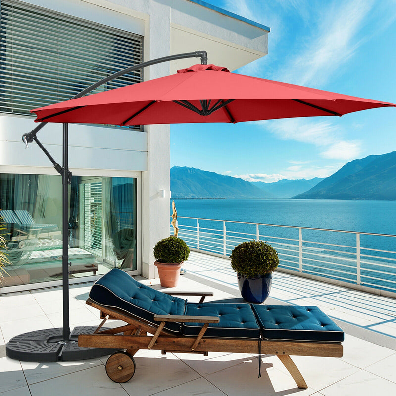 10FT Offset Umbrella with 8 Ribs Cantilever and Cross Base Tilt Adjustment-Red