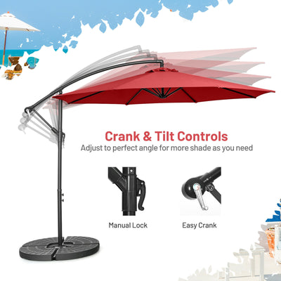 10FT Offset Umbrella with 8 Ribs Cantilever and Cross Base Tilt Adjustment-Red