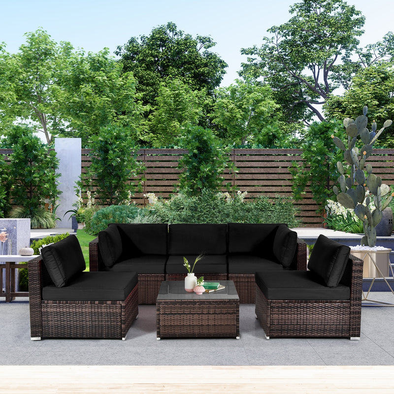 6 Pieces Patio Rattan Furniture Set with Cushions and Glass Coffee Table-Black