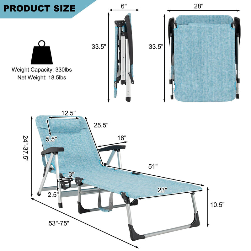 Beach Folding Chaise Lounge Recliner with 7 Adjustable Position-Blue