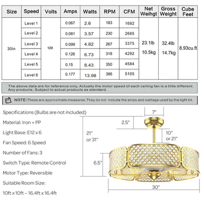 30 Inch Caged Ceiling Fan With Light Crystal Lampshade 6 Light Bases-Golden