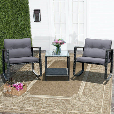 3 Pcs Cushioned Patio Rattan Set with Rocking Chair and Table-Gray