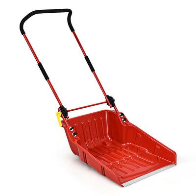 Folding Snow Pusher Scoop Shovel with Wheels and Handle-Red