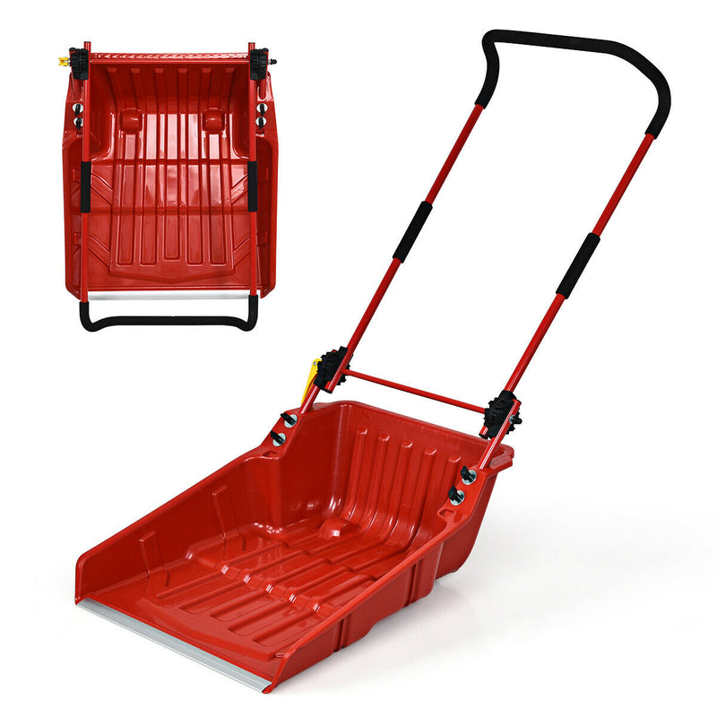 Folding Snow Pusher Scoop Shovel with Wheels and Handle-Red