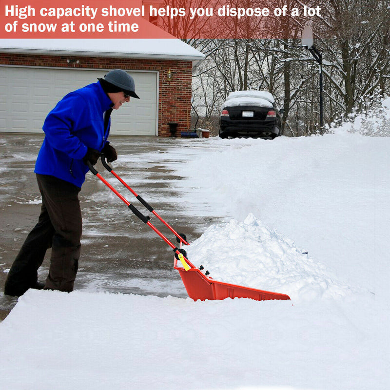 Folding Snow Pusher Scoop Shovel with Wheels and Handle-Red