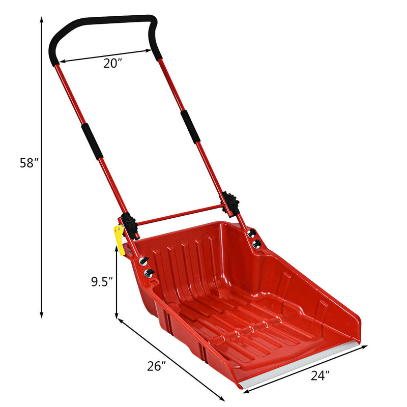 Folding Snow Pusher Scoop Shovel with Wheels and Handle-Red