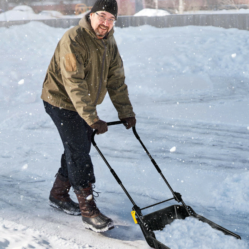 Folding Snow Pusher Scoop Shovel with Wheels and Handle-Black