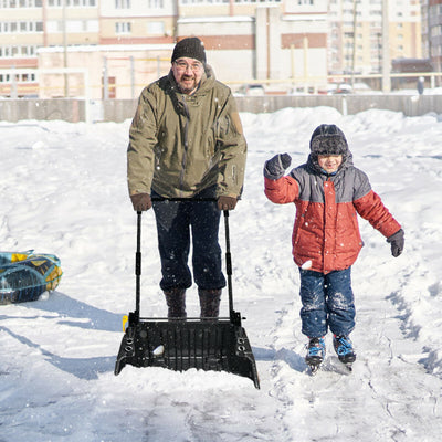 Folding Snow Pusher Scoop Shovel with Wheels and Handle-Black