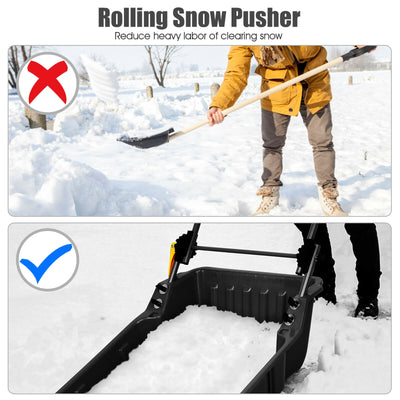 Folding Snow Pusher Scoop Shovel with Wheels and Handle-Black