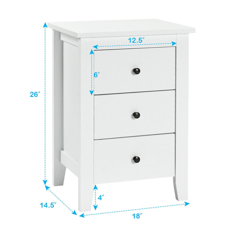 2 Pieces Nightstand End Beside Table with 3 Drawers-White