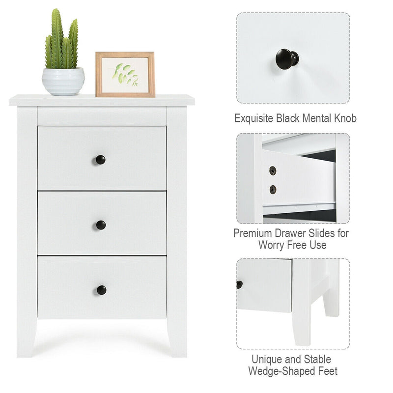 2 Pieces Nightstand End Beside Table with 3 Drawers-White