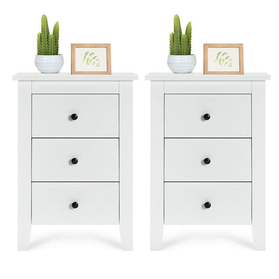 2 Pieces Nightstand End Beside Table with 3 Drawers-White