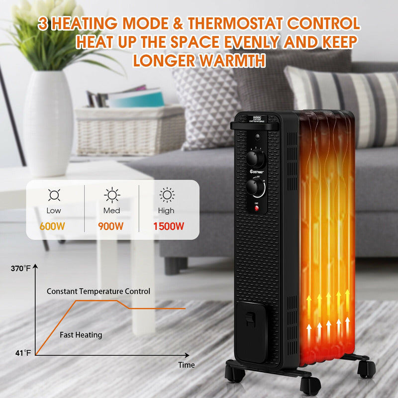 1500 W Oil-Filled Heater Portable Radiator Space Heater with Adjustable Thermostat-Black