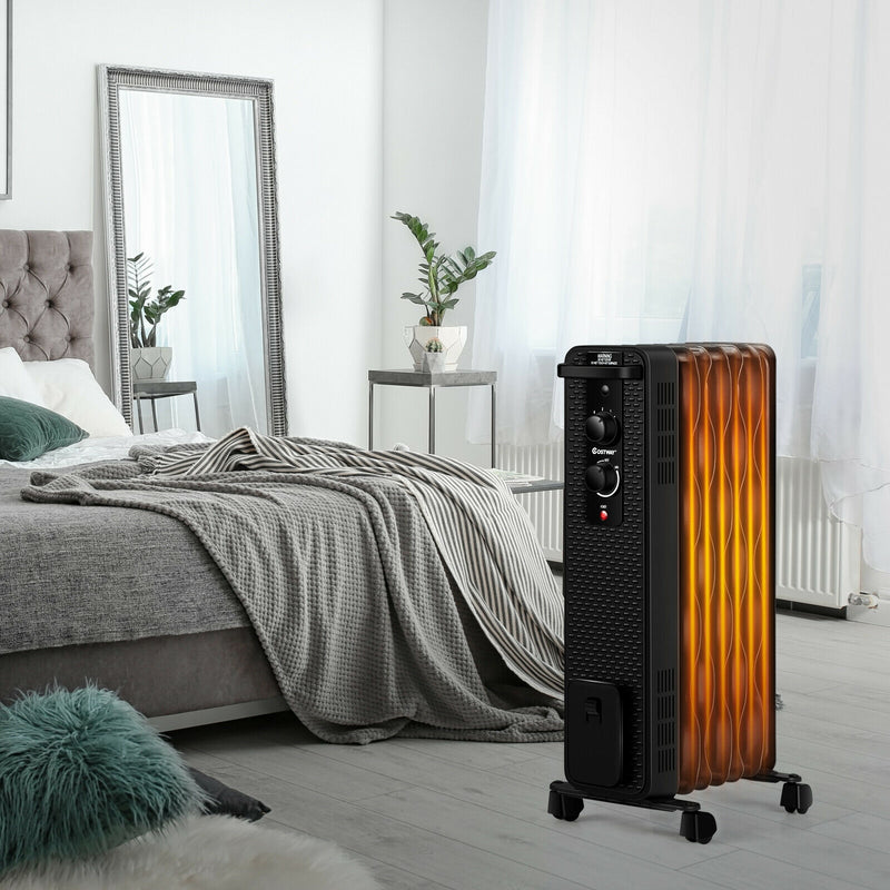 1500 W Oil-Filled Heater Portable Radiator Space Heater with Adjustable Thermostat-Black