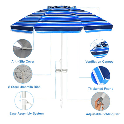 7.2 Feet Portable Outdoor Beach Umbrella with Sand Anchor and Tilt Mechanism for  Poolside and Garden-Navy