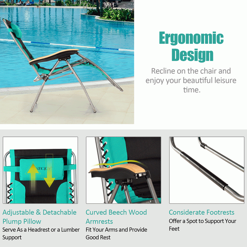 Oversize Folding Adjustable Padded Zero Gravity Lounge Chair-Turquoise