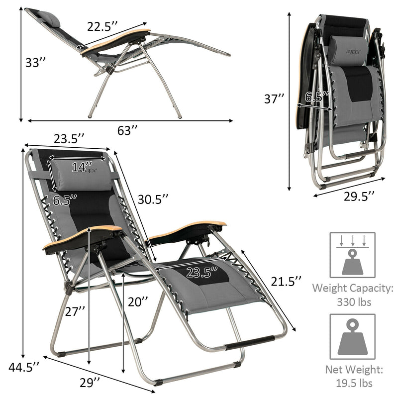 Oversize Folding Adjustable Padded Zero Gravity Lounge Chair-Gray