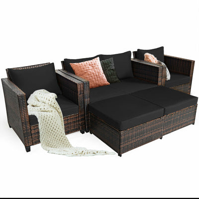 5 Pieces Patio Cushioned Rattan Furniture Set-Black