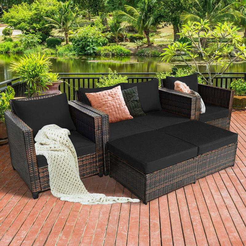 5 Pieces Patio Cushioned Rattan Furniture Set-Black