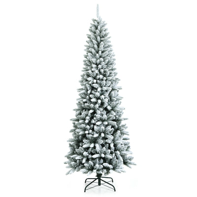 Snow-Flocked Hinged Artificial Christmas Pencil Tree with Mixed Tips-7.5'