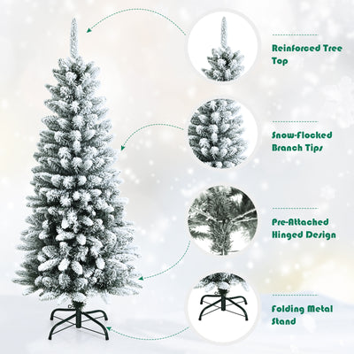 Snow-Flocked Hinged Artificial Christmas Pencil Tree with Mixed Tips-4.5'