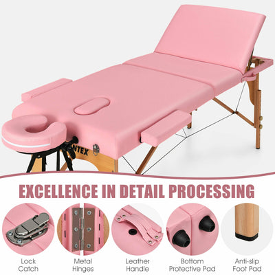 3 Fold Portable Adjustable Massage Table with Carry Case-Pink