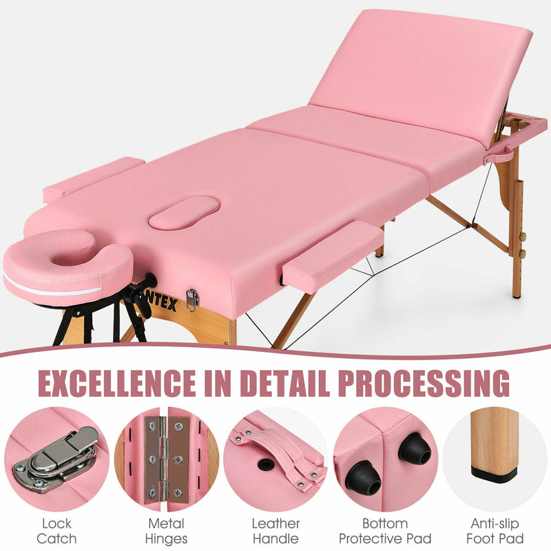 3 Fold Portable Adjustable Massage Table with Carry Case-Pink