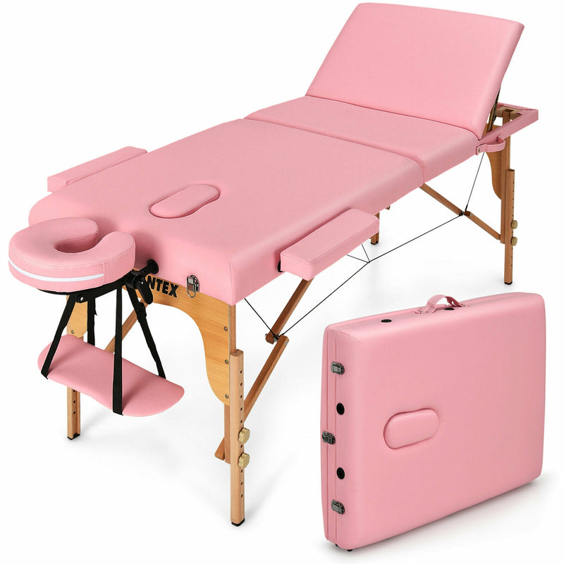 3 Fold Portable Adjustable Massage Table with Carry Case-Pink