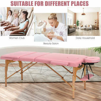 3 Fold Portable Adjustable Massage Table with Carry Case-Pink