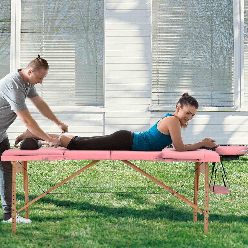 3 Fold Portable Adjustable Massage Table with Carry Case-Pink