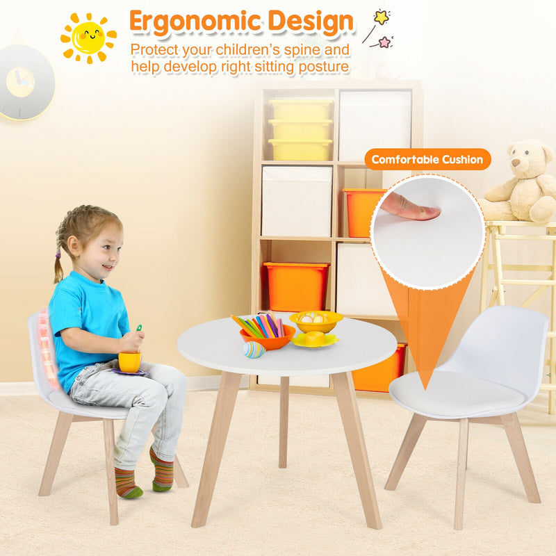 Modern Kids Activity Play Table and 2 Chairs Set with Beech Leg Cushion-White