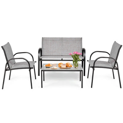 4 Pieces Patio Furniture Set with Glass Top Coffee Table-Gray