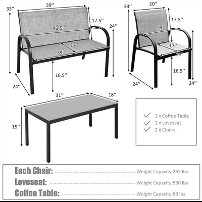 4 Pieces Patio Furniture Set with Glass Top Coffee Table-Gray