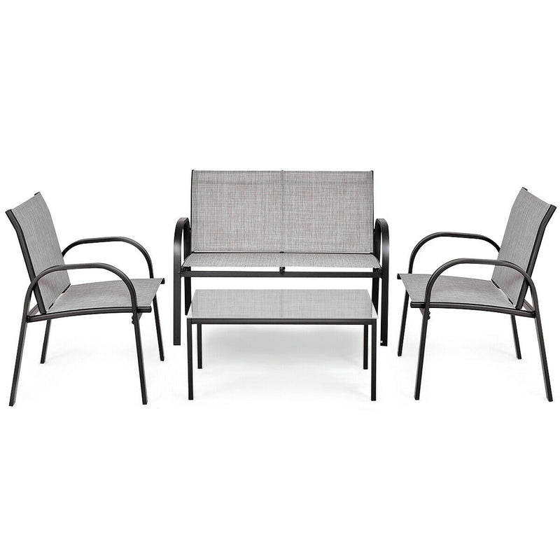 4 Pieces Patio Furniture Set with Glass Top Coffee Table-Gray