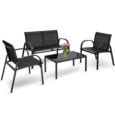 4 Pieces Patio Furniture Set with Glass Top Coffee Table-Black