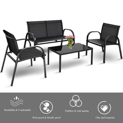 4 Pieces Patio Furniture Set with Glass Top Coffee Table-Black