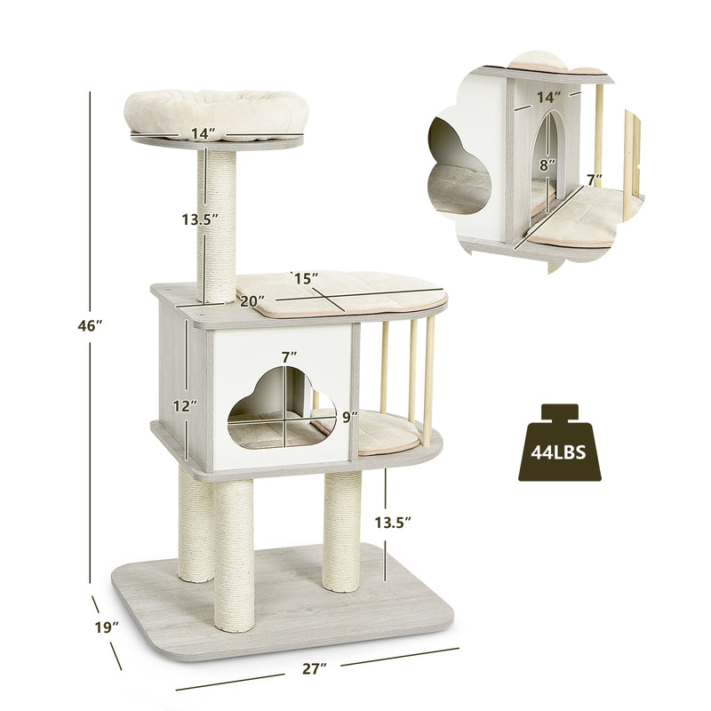 46 Inch Wooden Cat Activity Tree with Platform and Cushionsfor for Cats and Kittens