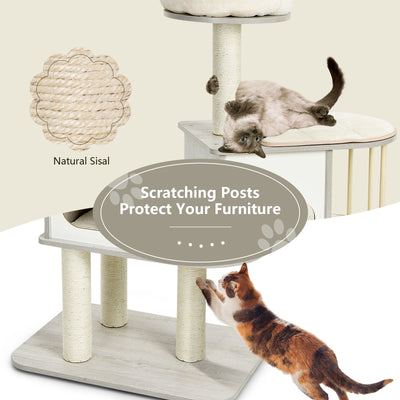 46 Inch Wooden Cat Activity Tree with Platform and Cushionsfor for Cats and Kittens