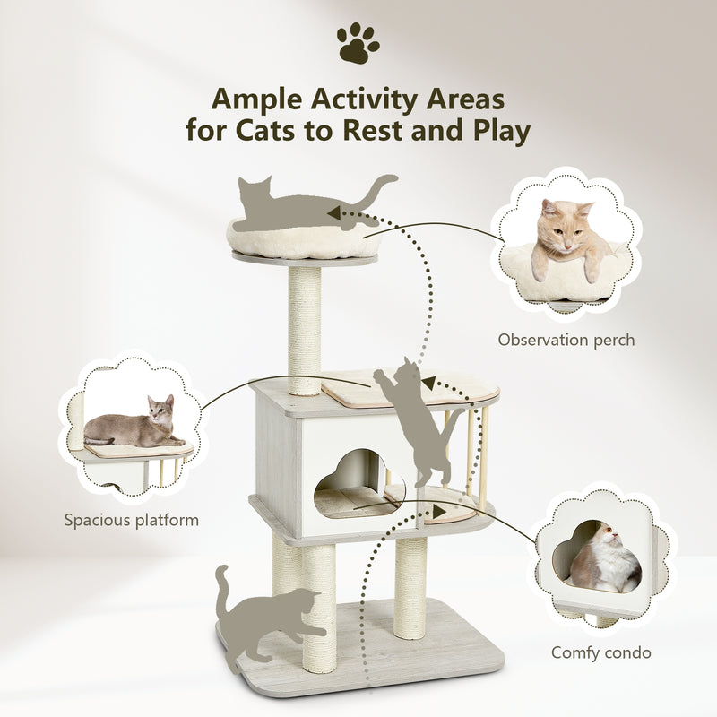 46 Inch Wooden Cat Activity Tree with Platform and Cushionsfor for Cats and Kittens