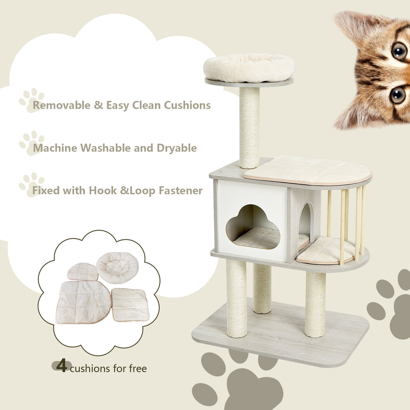 46 Inch Wooden Cat Activity Tree with Platform and Cushionsfor for Cats and Kittens