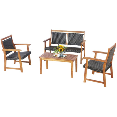 4 Pieces Outdoor Patio Rattan Furniture Sofa Set with Acacia Wood Frame