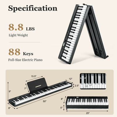 88-Key Folding Semi Weighted Full Size Lighted Piano Keyboard-Black