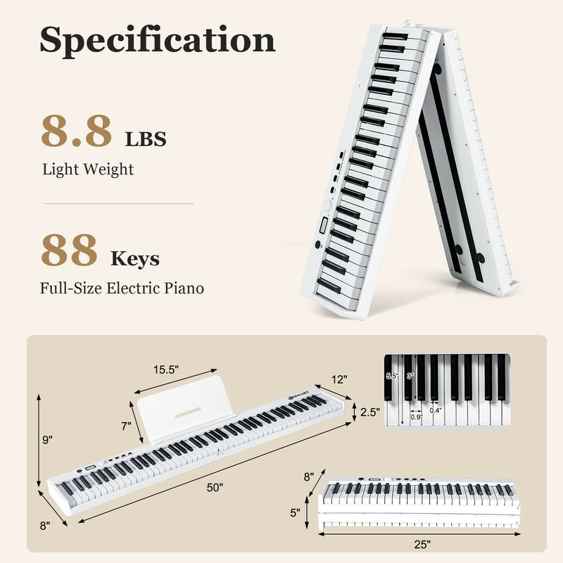 88-Key Folding Semi Weighted Full Size Lighted Piano Keyboard-White