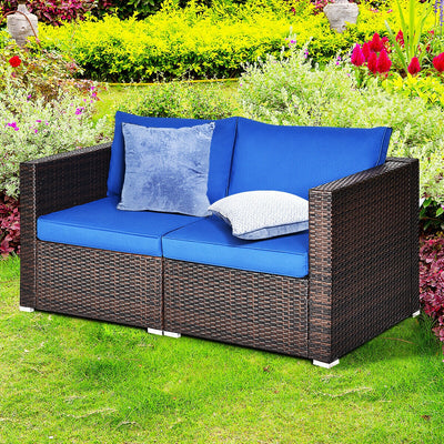 2 Pieces  Patio Rattan Sectional Conversation Sofa Set-Navy