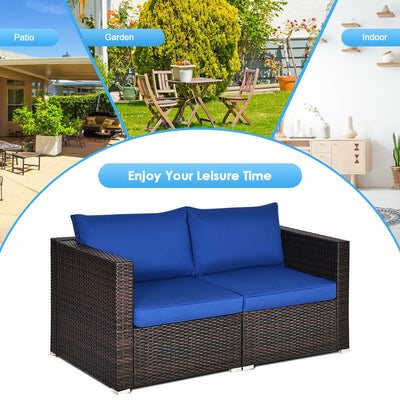 2 Pieces  Patio Rattan Sectional Conversation Sofa Set-Navy