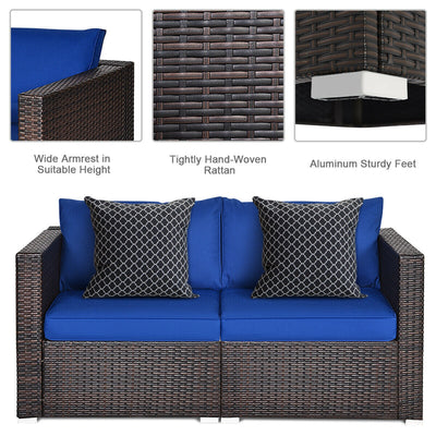 2 Pieces  Patio Rattan Sectional Conversation Sofa Set-Navy