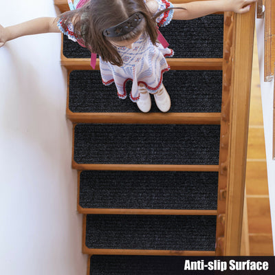 15 Pieces 30 x 8 Inch Slip Resistant Soft Stair Treads Carpet-Black