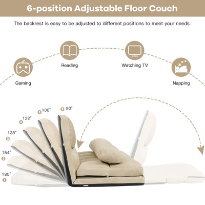 Foldable Floor 6-Position Adjustable Lounge Couch-Beige