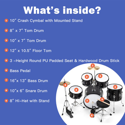 16 Inch 5 Pieces Complete Kids Junior Drum Set Children Beginner Kit-Black