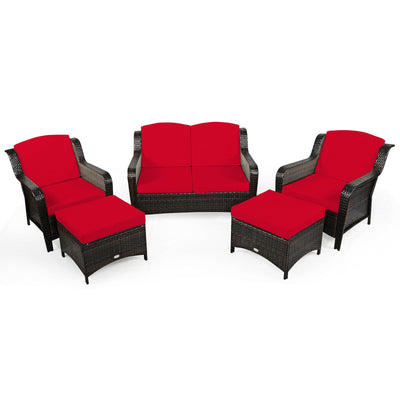 5PCS Patio Rattan Sofa Set with Cushion and Ottoman